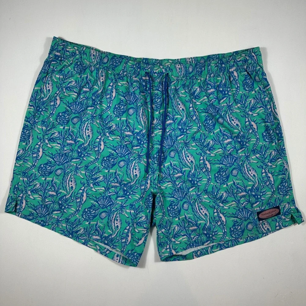 Vineyard Vines Swim Trunks Mens 4XB Seahorse Coral Print Green Blue